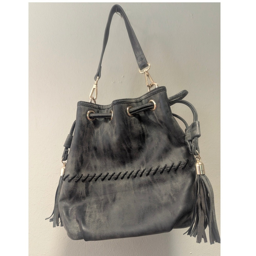 JustFab Black Faux‎ Suede Bucket Shoulder Bag Tassels Leopard Lining Boho